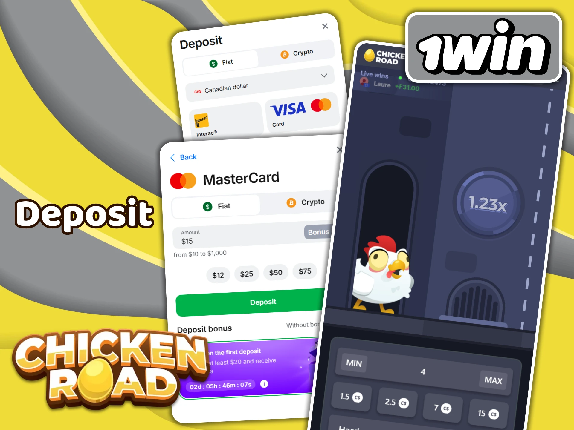Make a quick deposit to your 1win account and start playing Chicken Road.