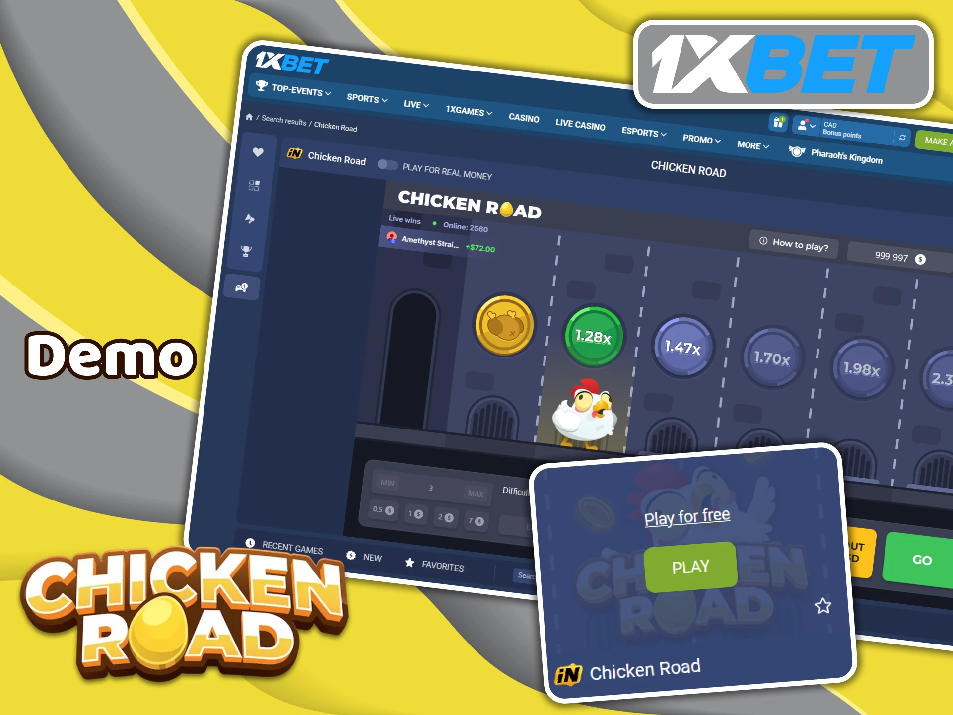 Play in a demo mode available at 1XBet to practice in the Chicken Road game.