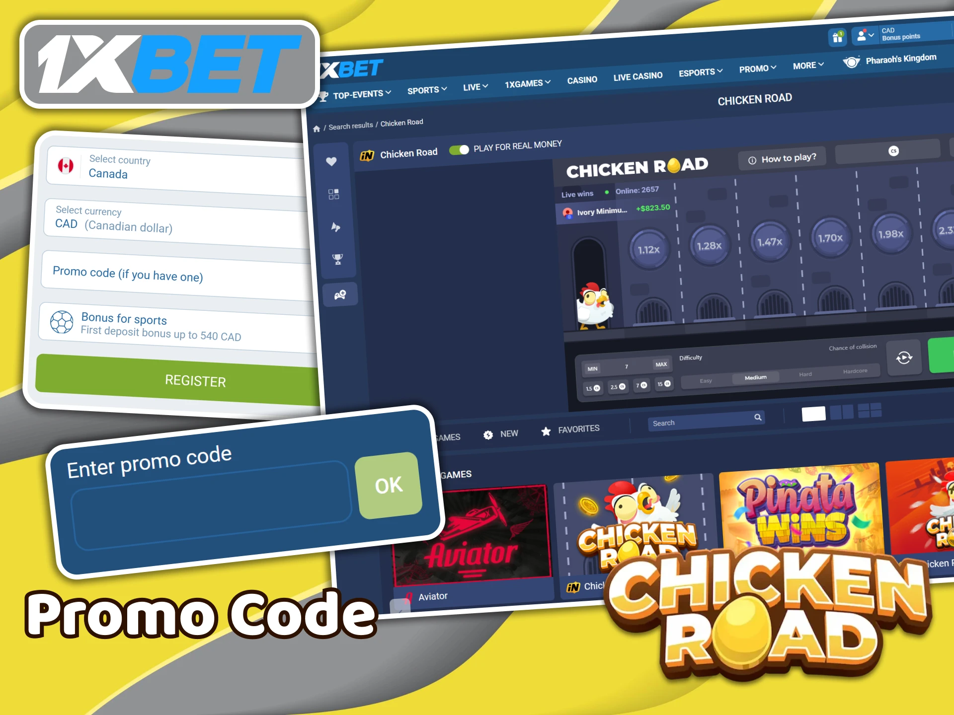 Register at 1XBet and enter the promo code in the designated field to use it in Chicken Road.