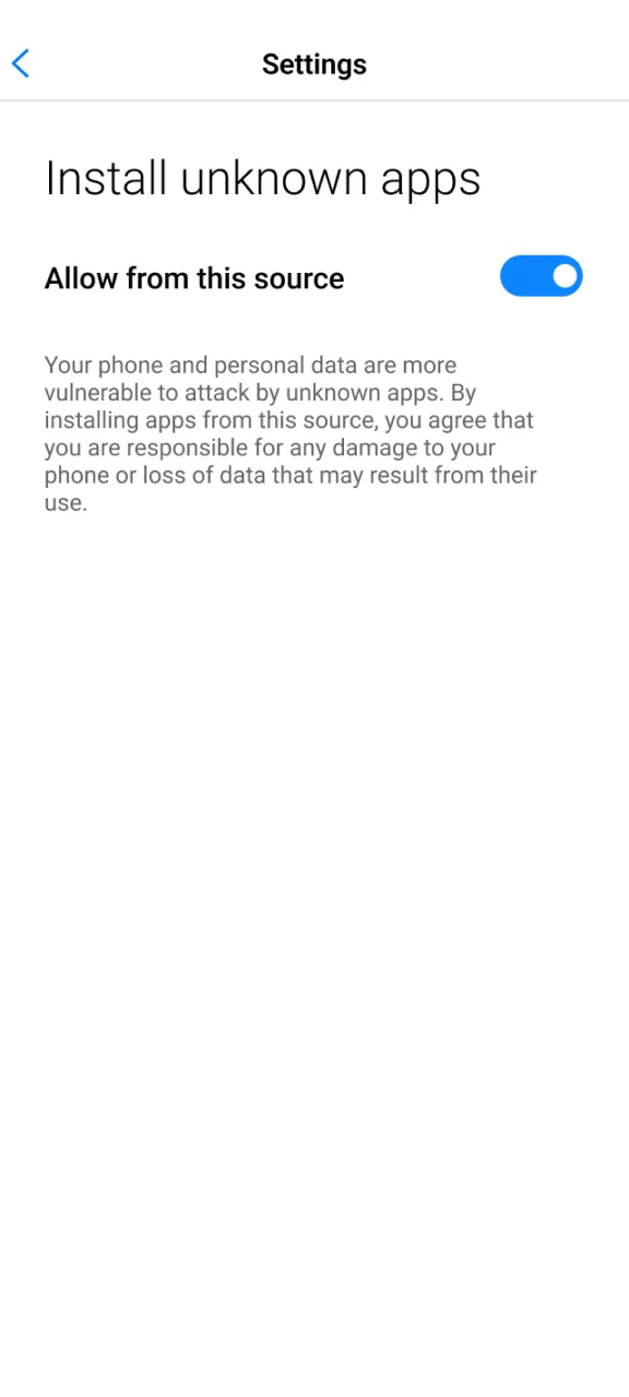 Accept the installation of APK files from unknown sources before installing the app.