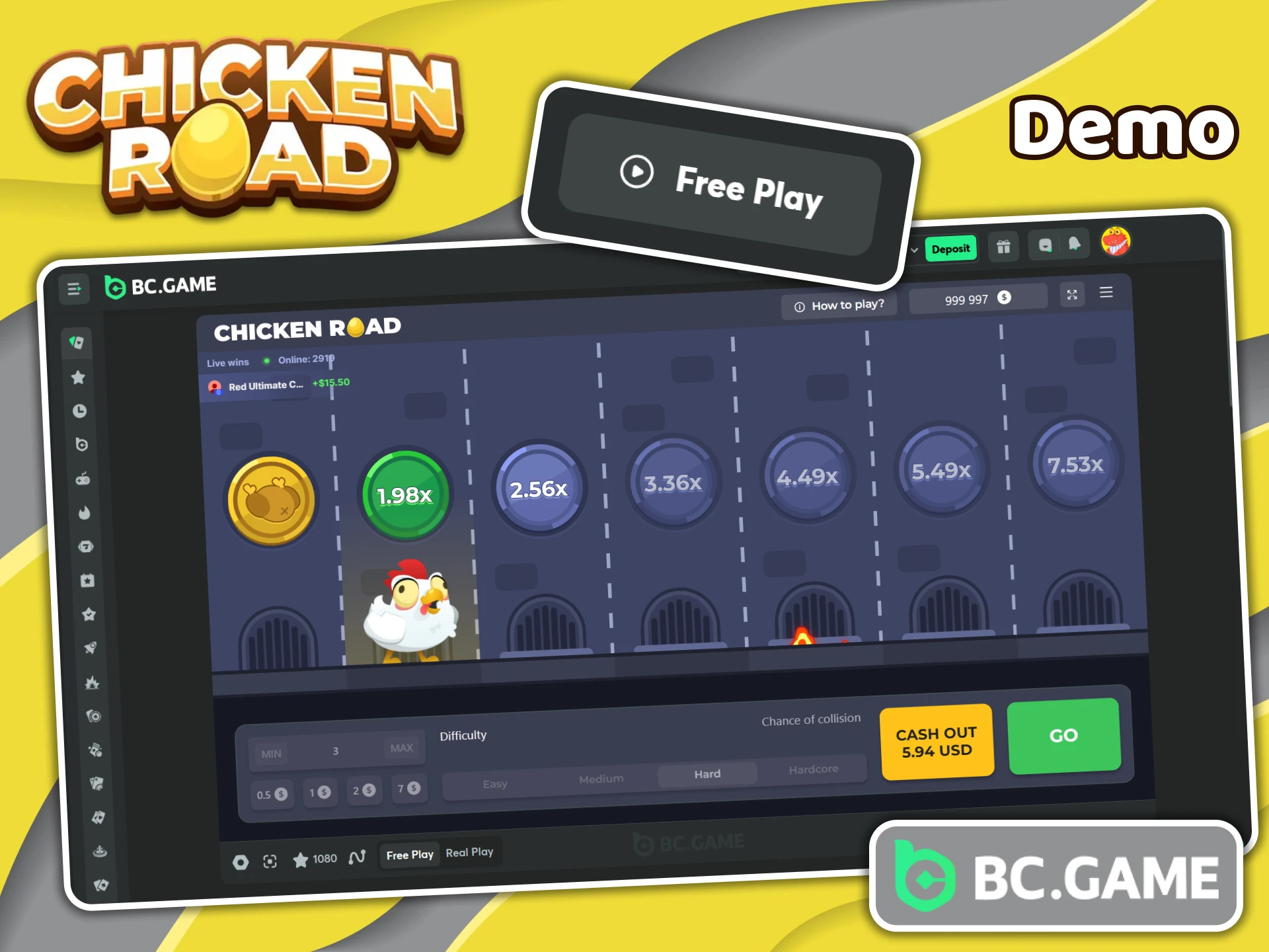 Play the demo version of Chicken Road at BC Game casino.