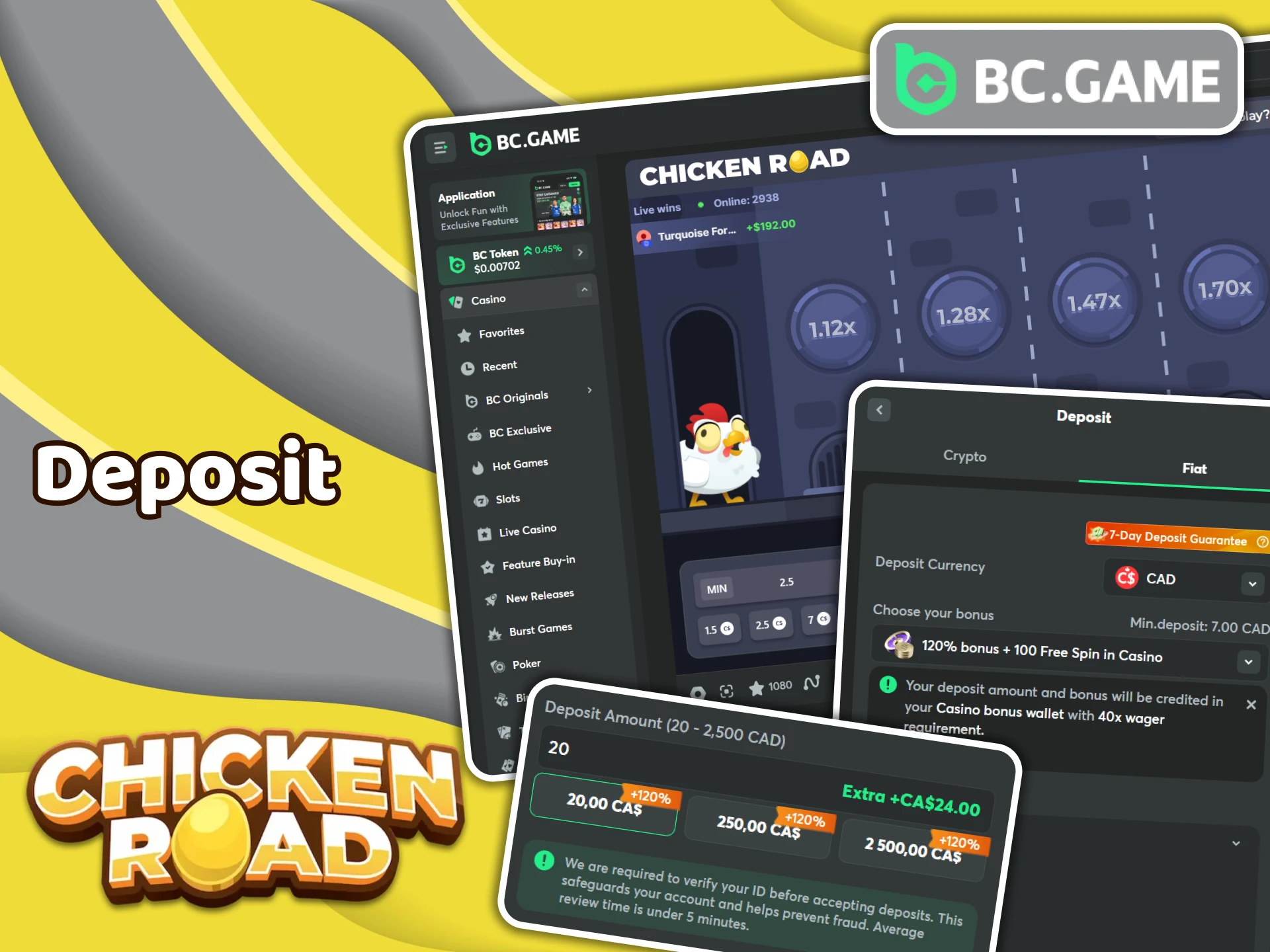 Make a deposit to BC Game to play Chicken Road.