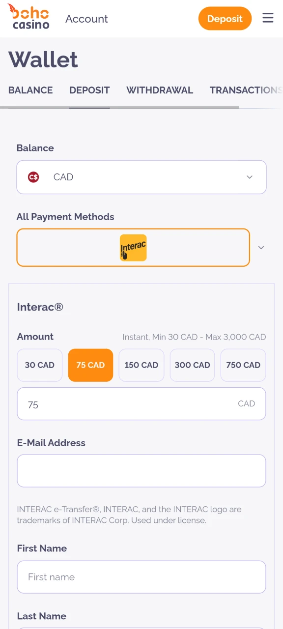 Deposit to your account at Boho Casino before playing Chicken Road.
