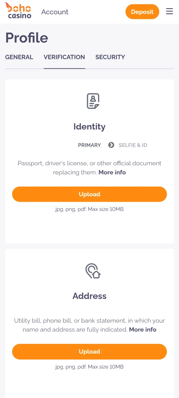 Add your information to the verification page at Boho Casino.