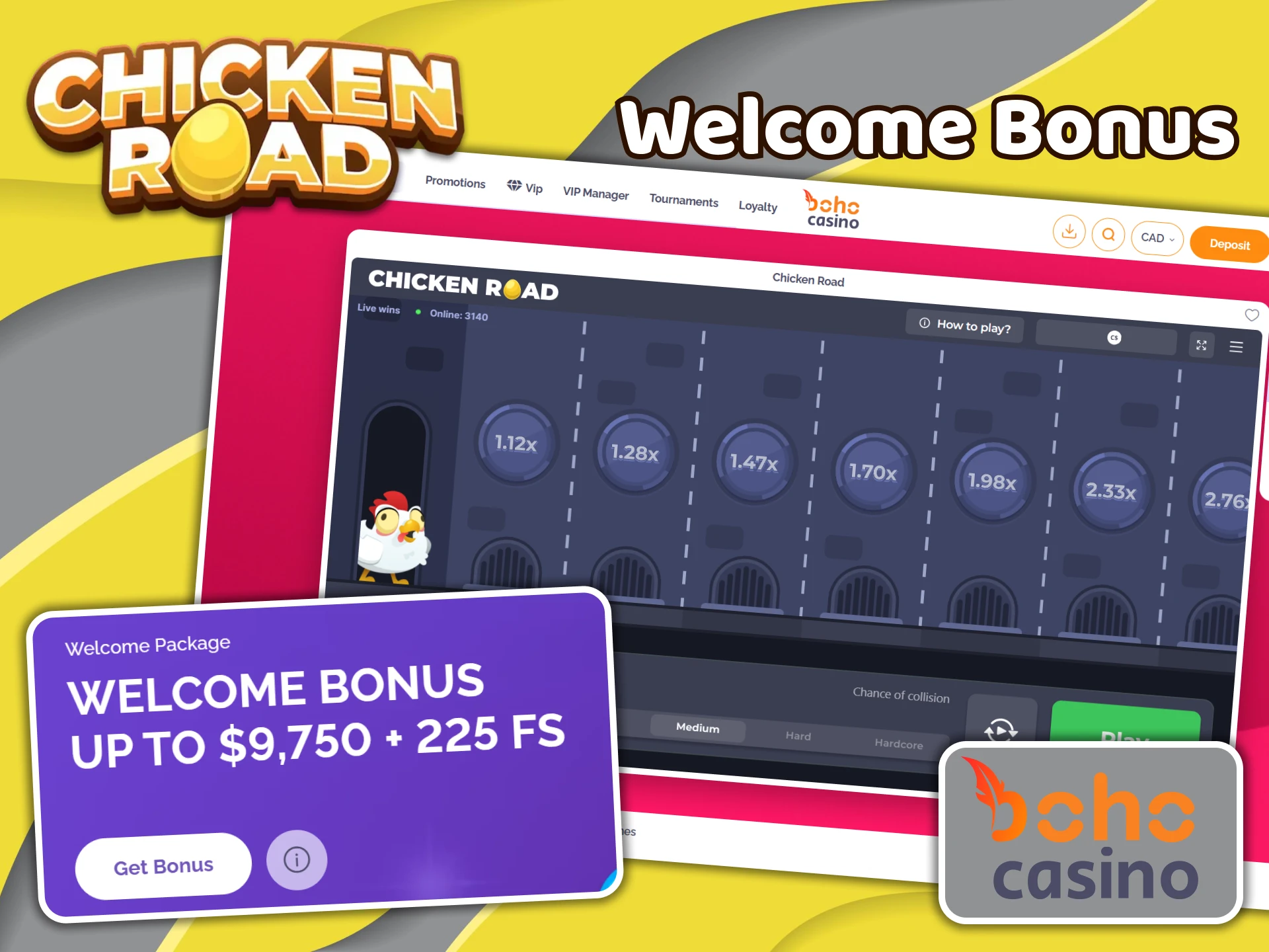 Register to get a welcome bonus from Boho Casino and use it in the Chicken Road game.