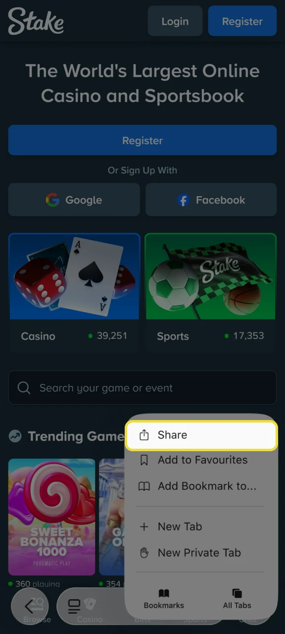 Click Share to open the Safari menu, add a casino, and play Chicken Road 2.