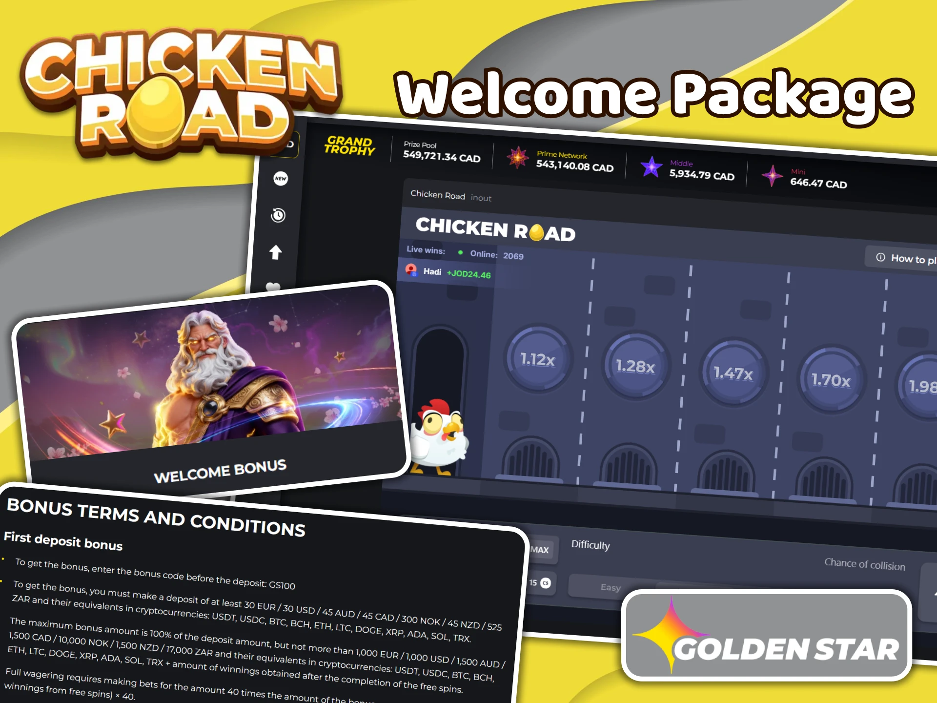 Golden Star offers a welcome bonus that can be used in Chicken Road.