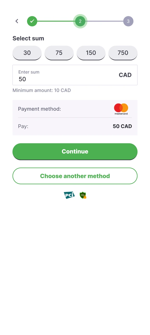 Enter the amount and confirm a deposit at Ice Casino.
