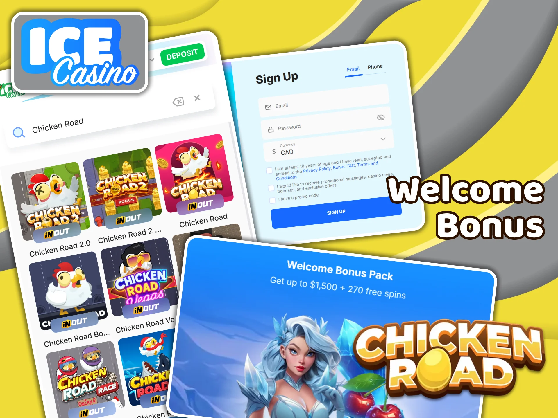 Receive a welcome bonus from Ice Casino and use it in Chicken Road.