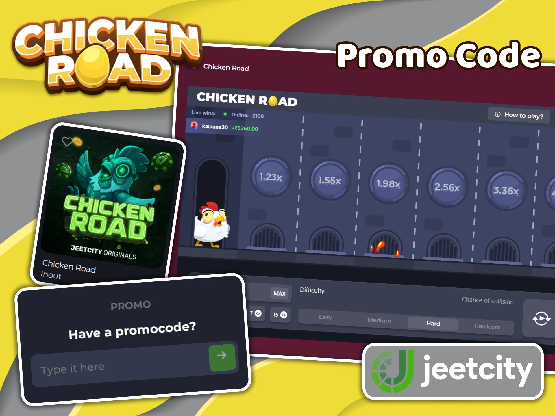 Enter the promo code in the special field to use the bonuses in the Chicken Road game at JeetCity.