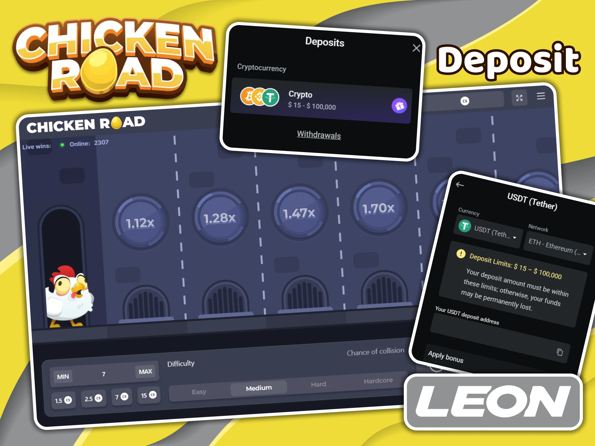 Choose an available payment method at Leonbet and make a deposit to play in the Chicken Road game.