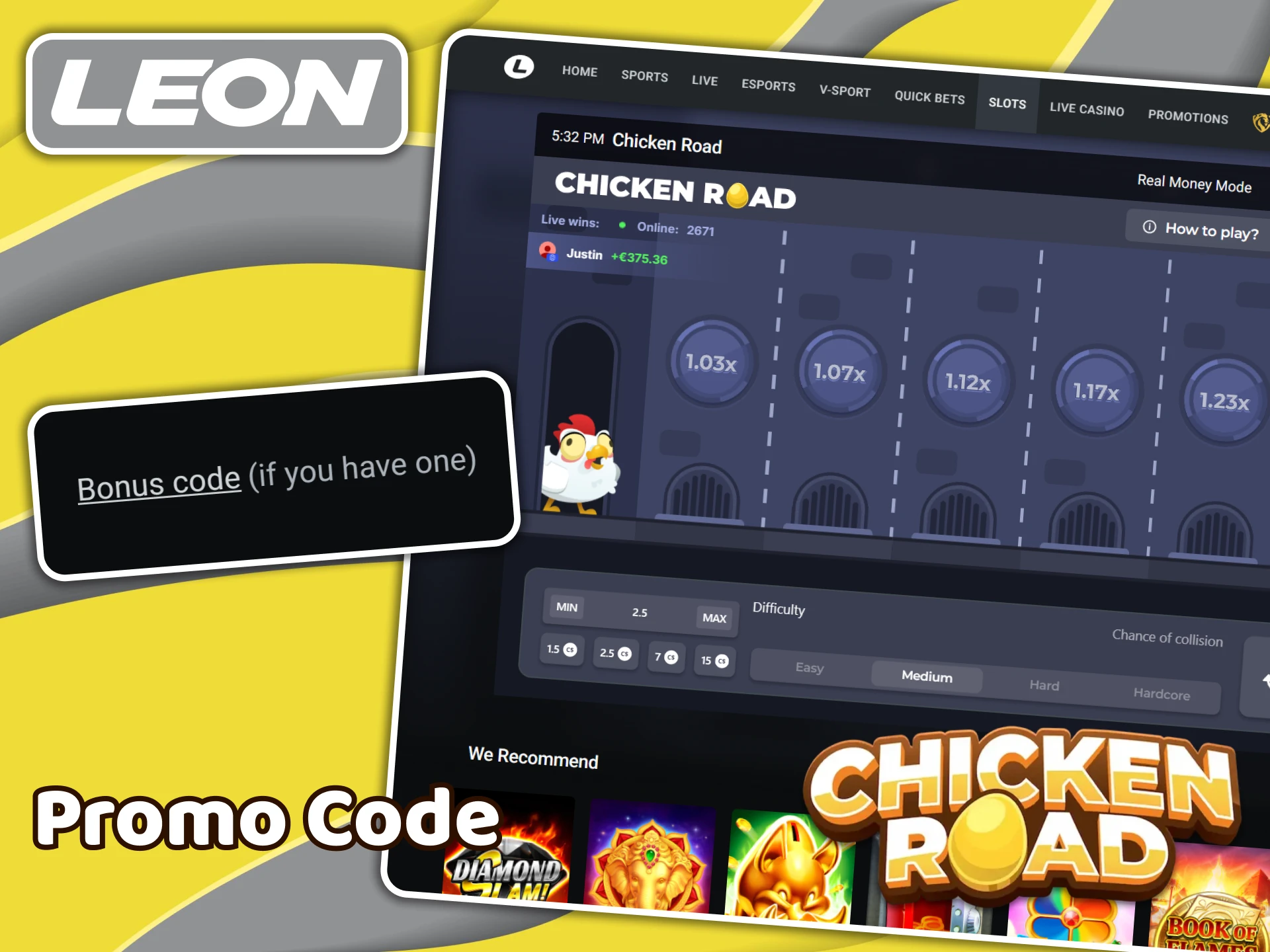 Select a special field for promo codes to add the Leonbet promo code for Chicken Road players.