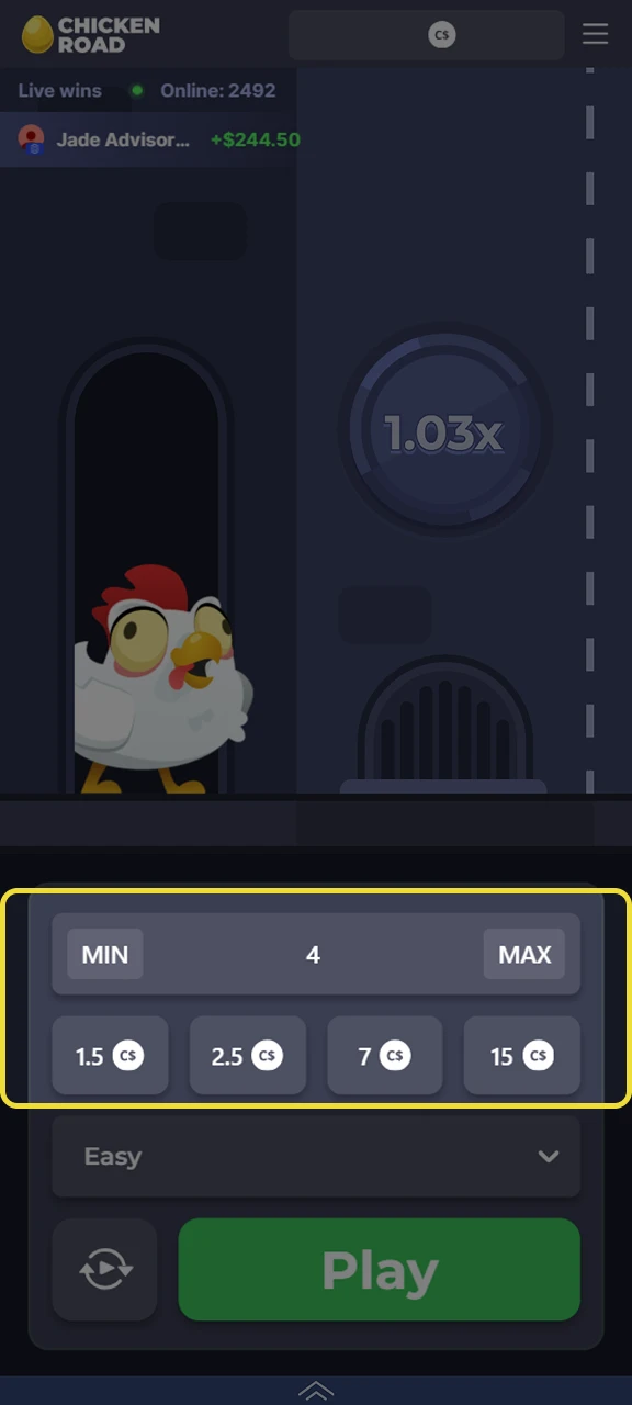 Enter your bet in the Chicken Road game.