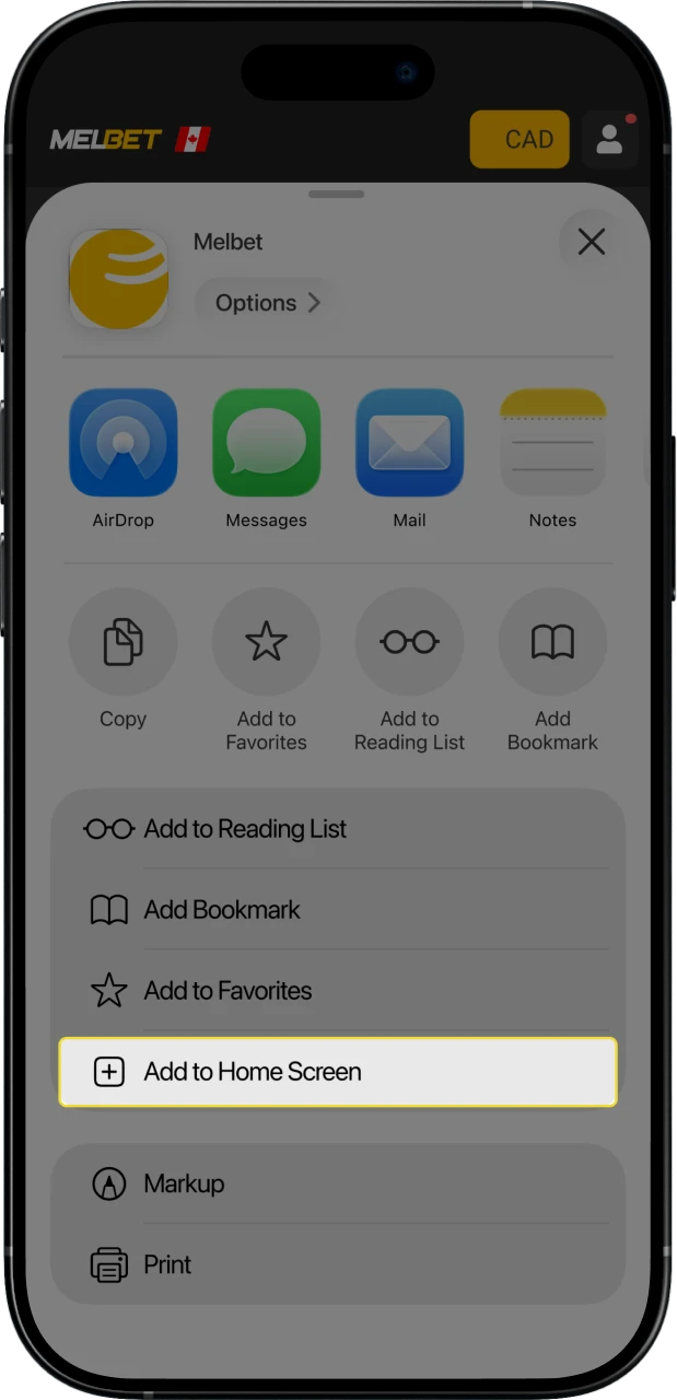 Click on the appropriate menu item to add Melbet to your home screen.