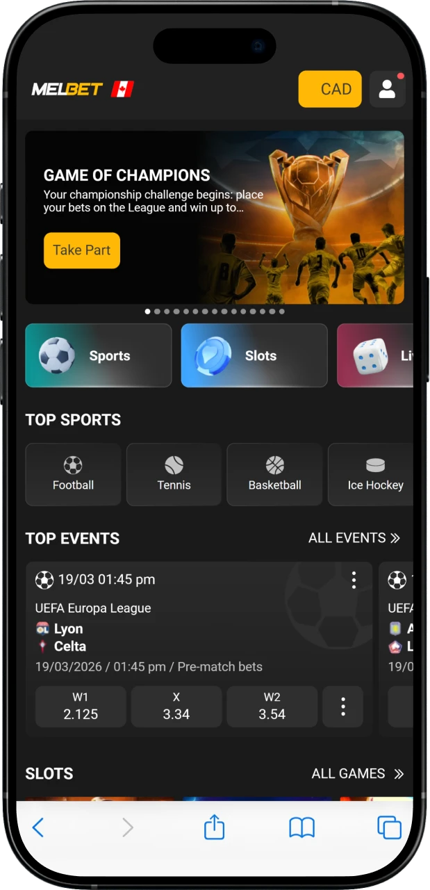 Open the Melbet website in the Safari browser.