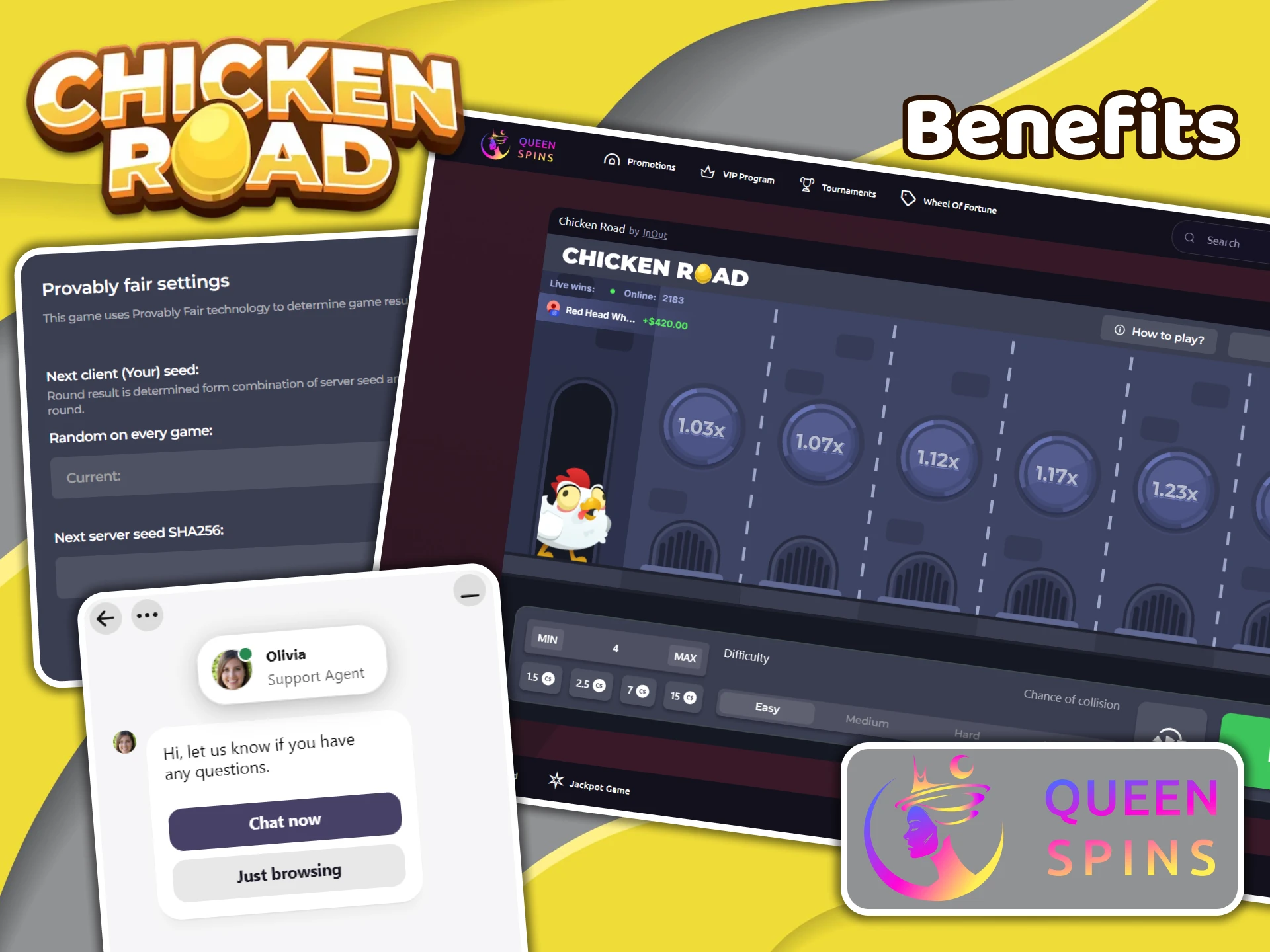 The official Queenspins website has a wide range of advantages for Chicken Road players.