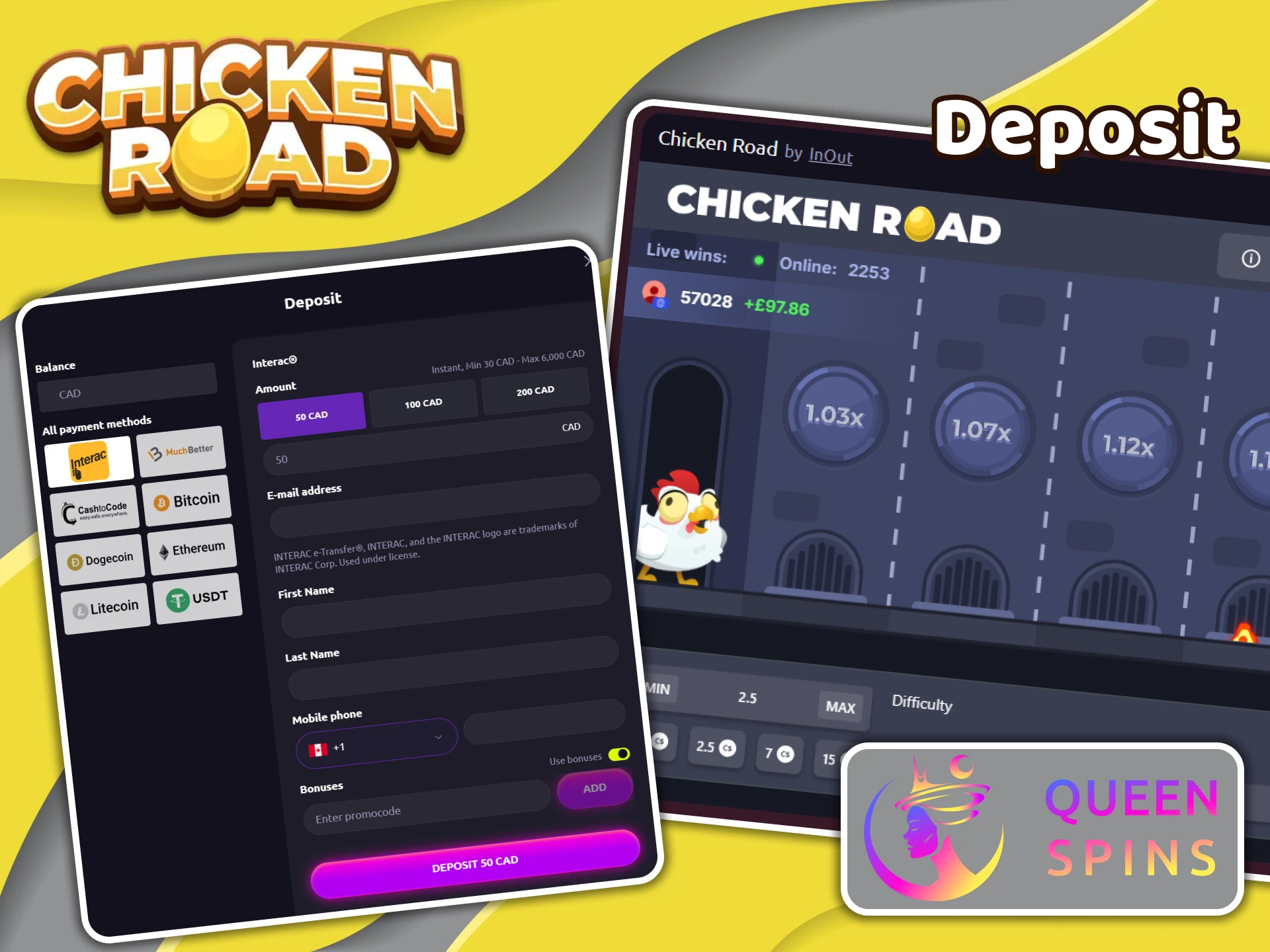 Top up your Queenspins account and play Chicken Road.
