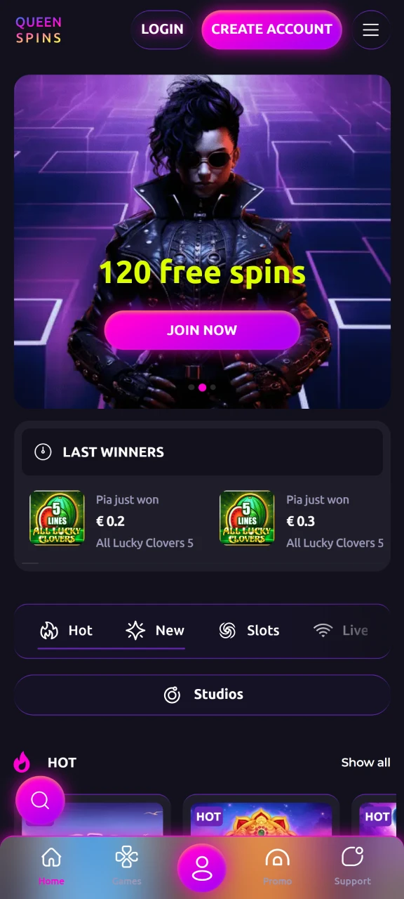 Visit the Queenspins website in any browser.