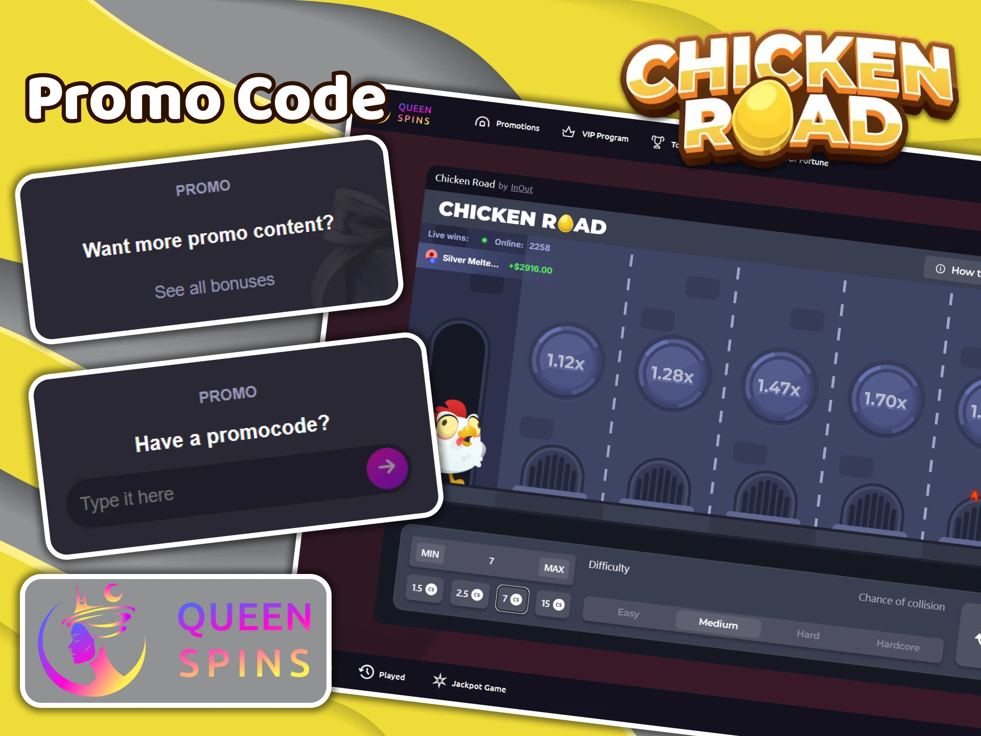 If any promo code for Chicken Road exists, don't forget to use it at Queenspins.