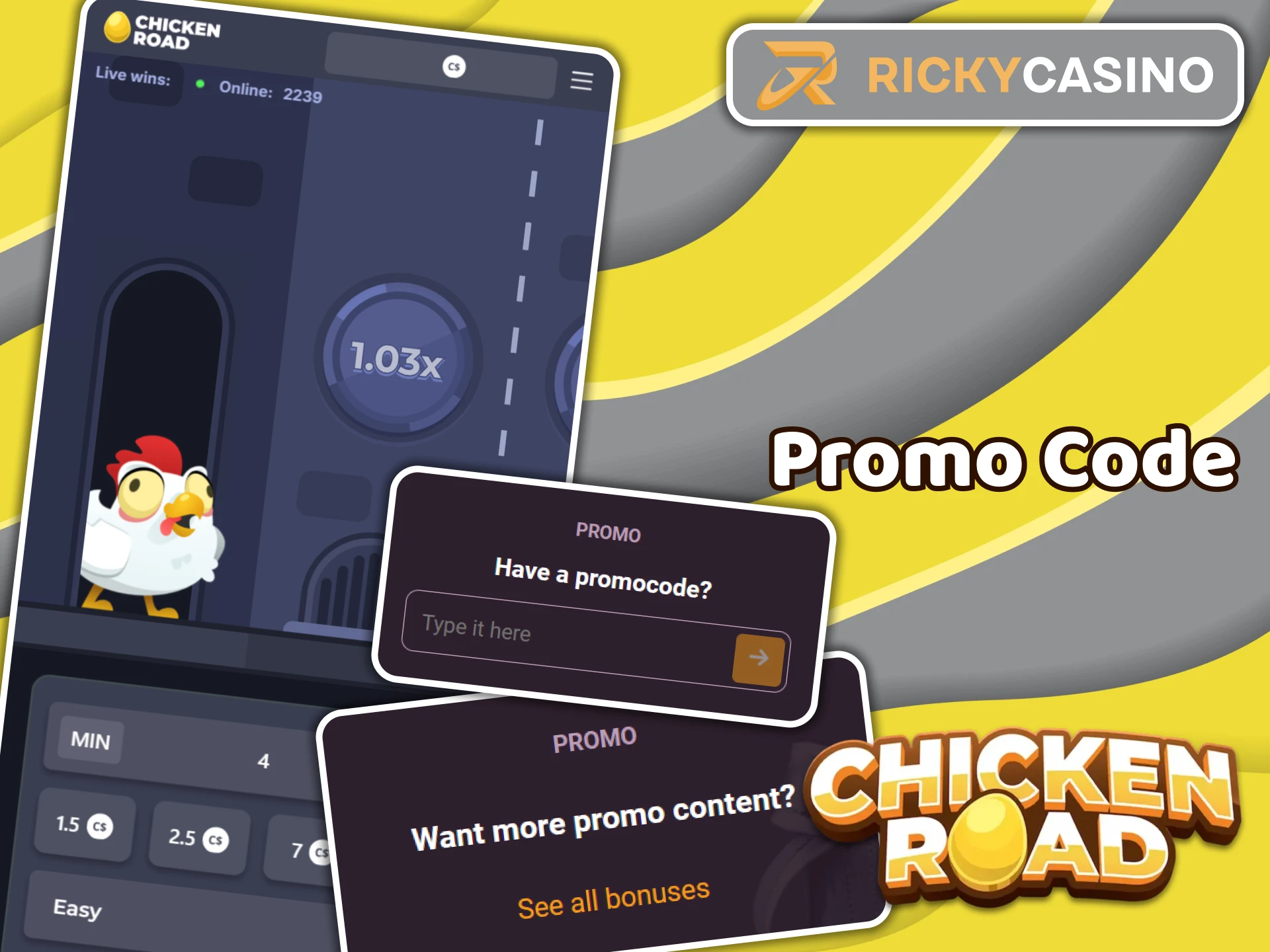 If you have a promo code for the Chicken Road game, add it to the special field at Ricky Casino.