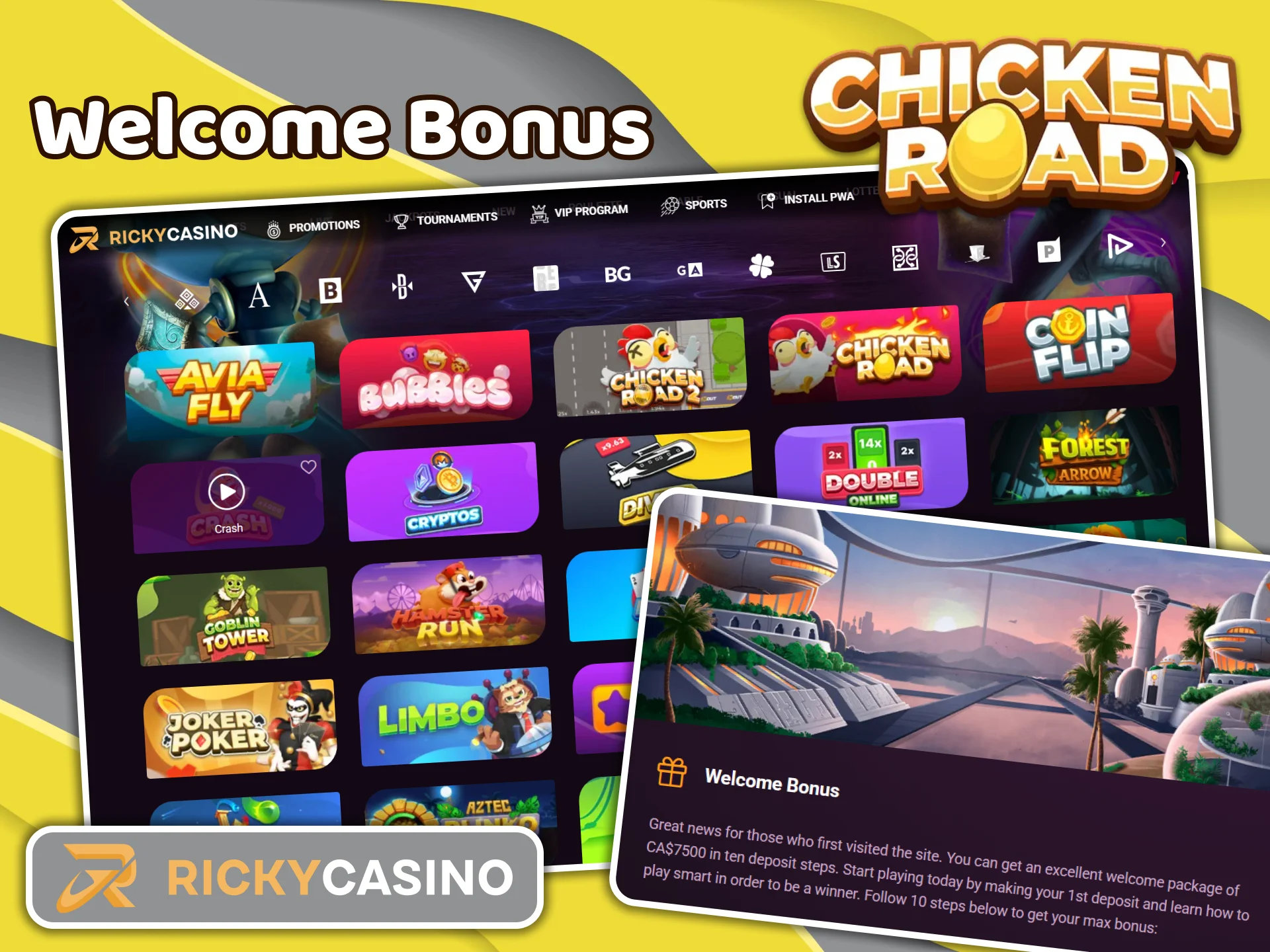 Ricky Casino provides a welcome bonus for Chicken Road players.