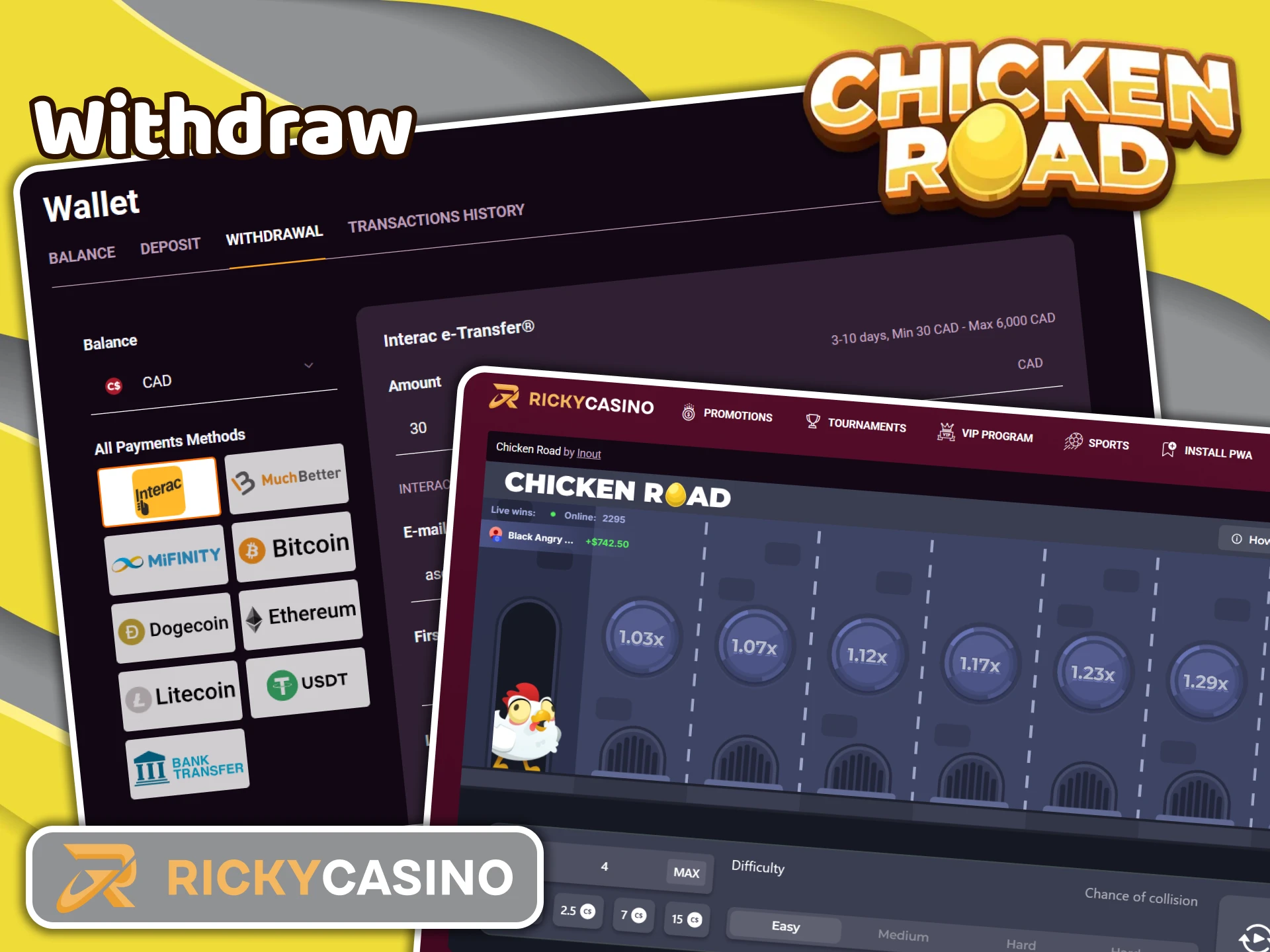 Withdraw winnings from Ricky Casino and return to the Chicken Road game.