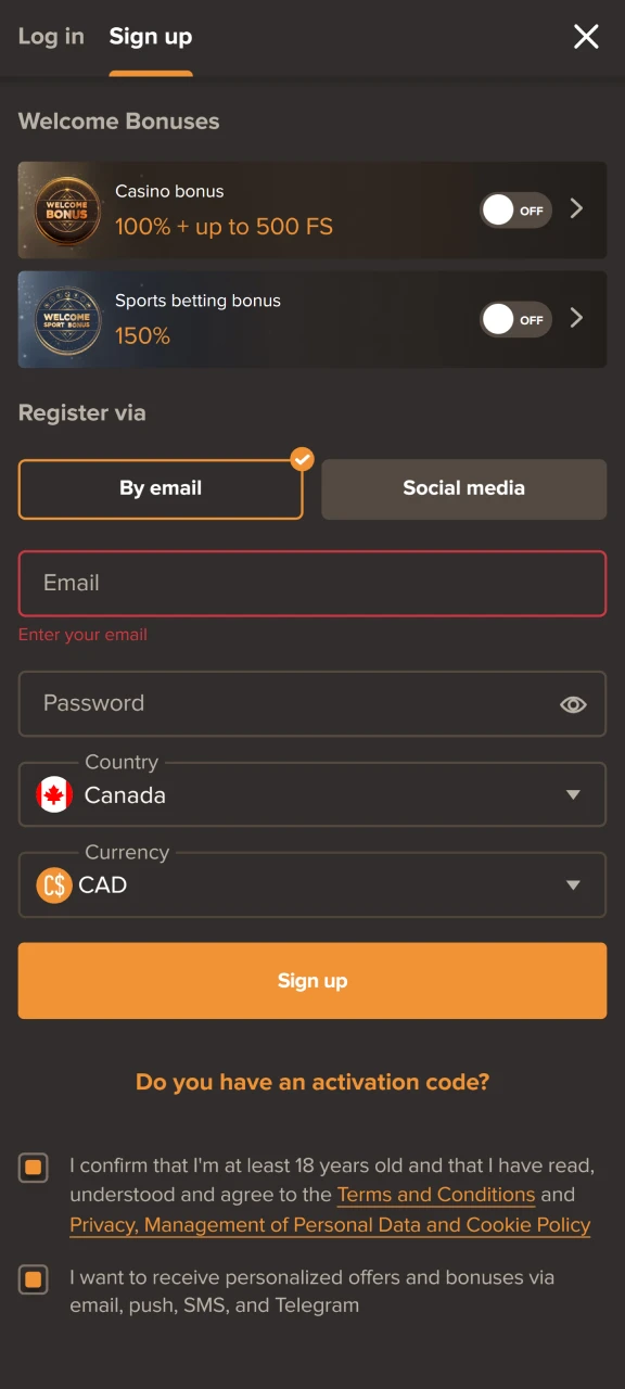 Create a SOL Casino account using your email or social media.