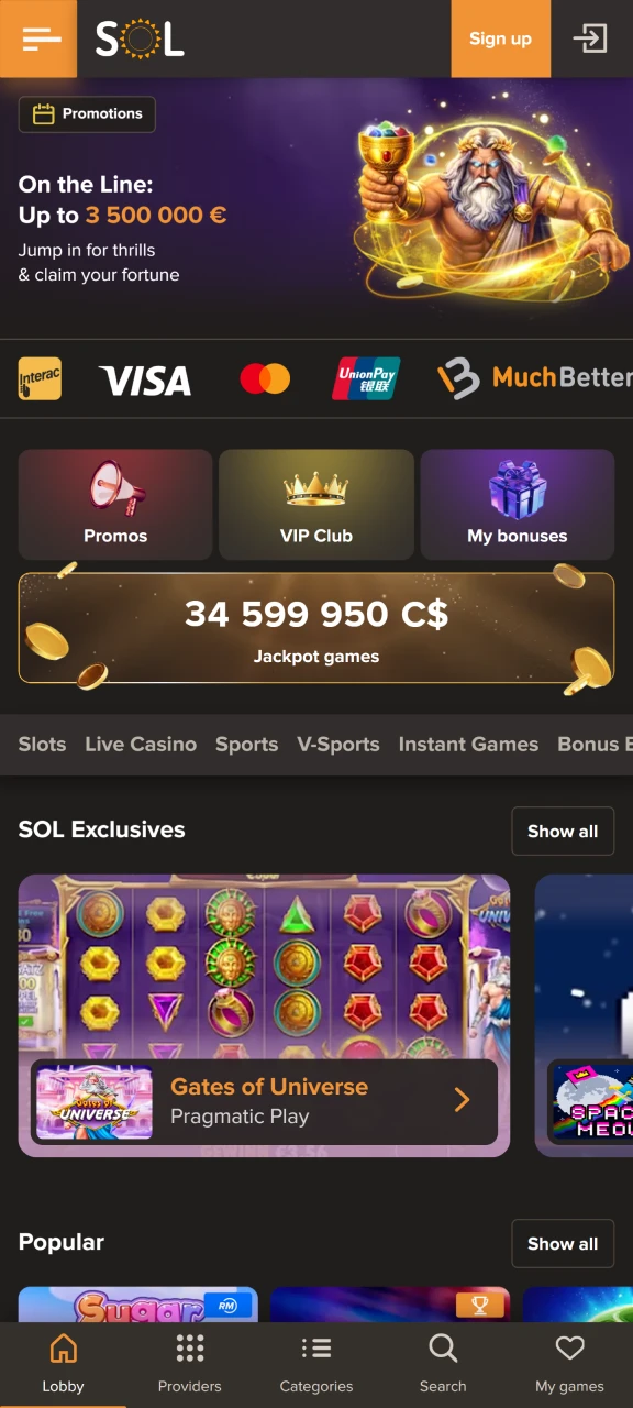 Launch the official SOL Casino website in any browser.