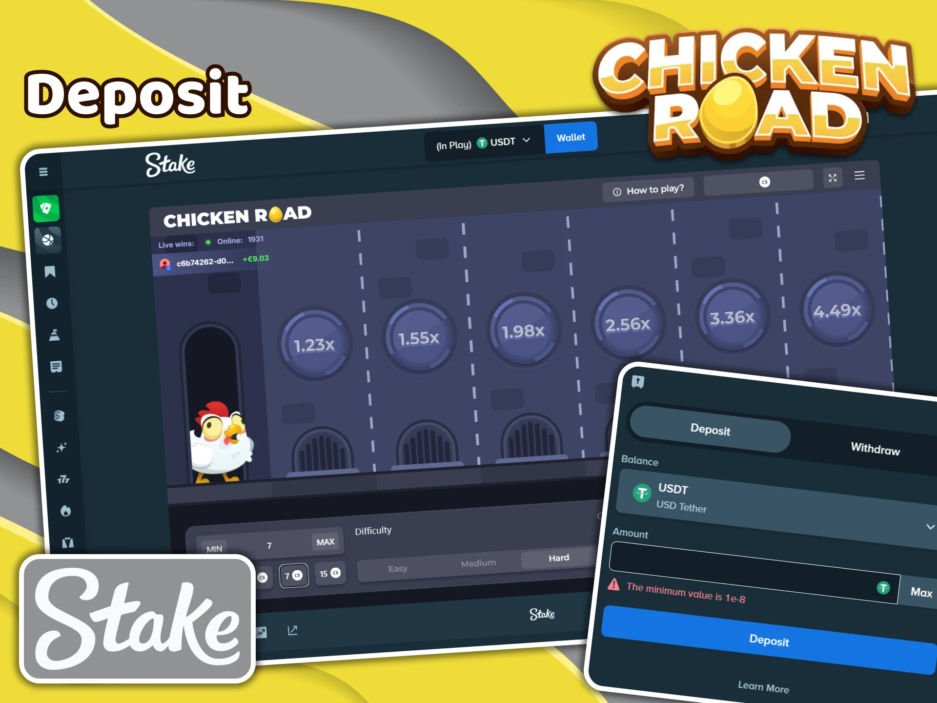 Make a deposit at Stake to use money in the Chicken Road game.